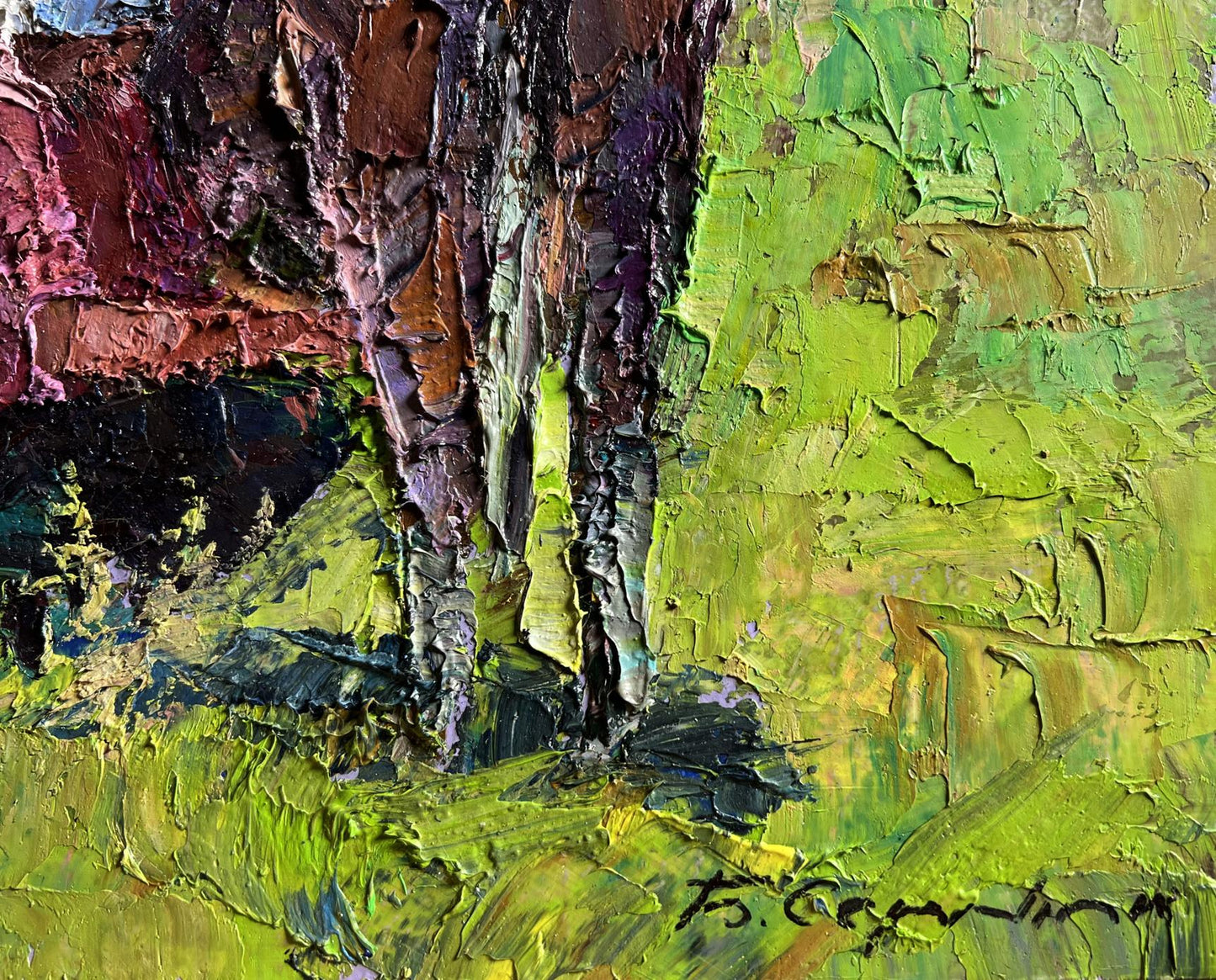 Textured impasto oil painting Lunch milking by Boris Serdyuk in green purple brown