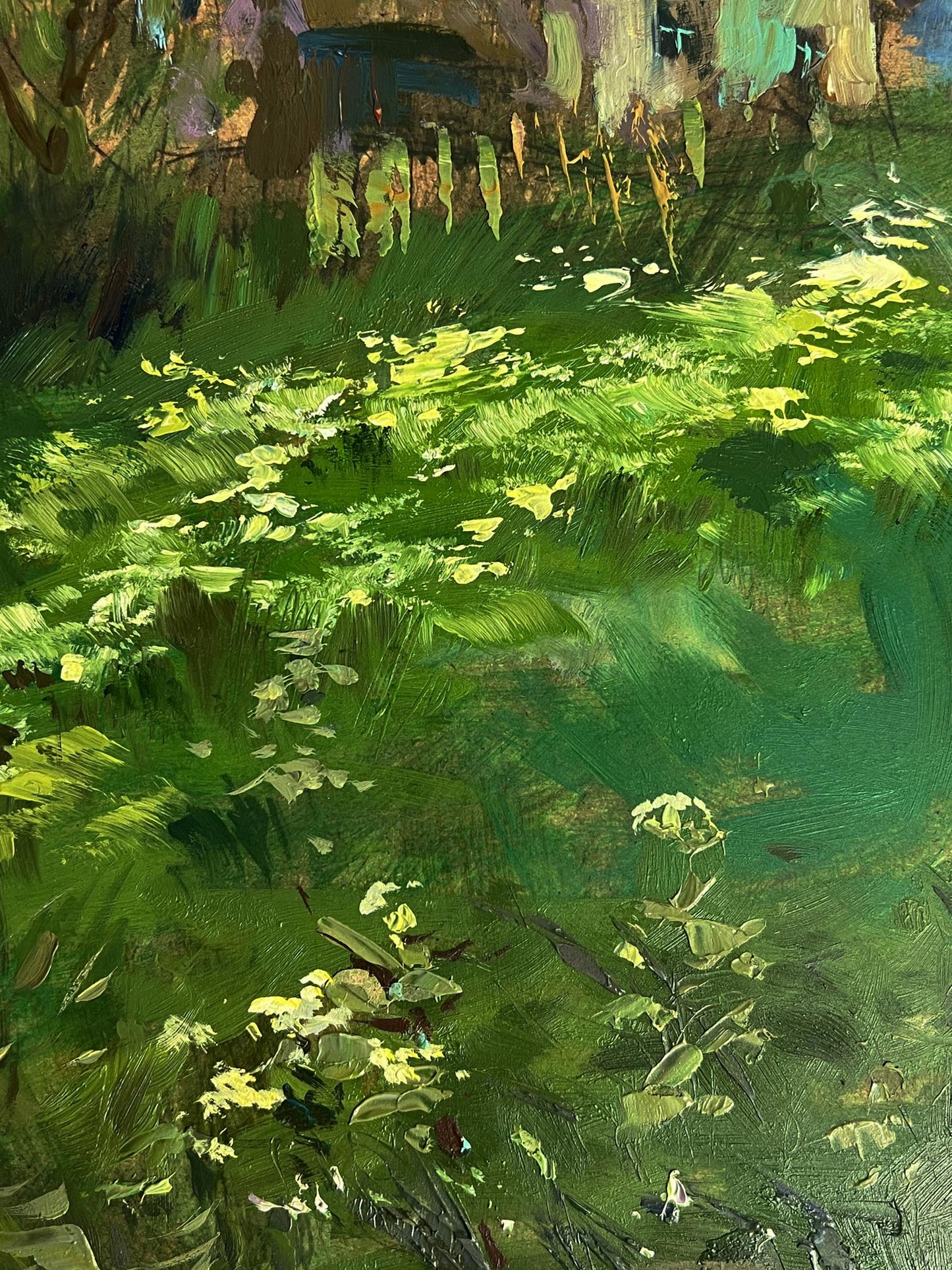 Impressionistic oil painting of vibrant green foliage near village by Yuriy Suprunchuk