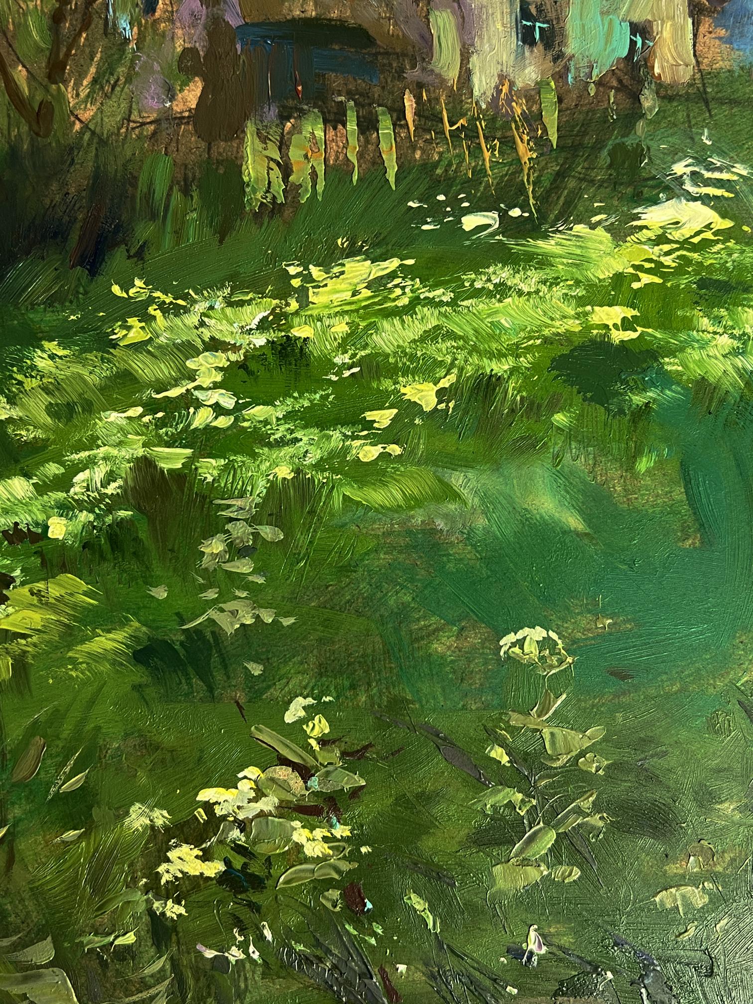 Impressionistic oil painting of vibrant green foliage near village by Yuriy Suprunchuk