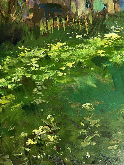 Impressionistic oil painting of vibrant green foliage near village by Yuriy Suprunchuk