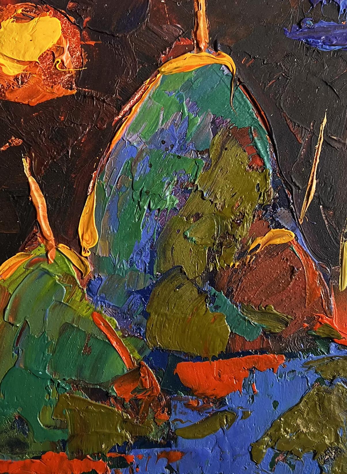 Oil painting Yellow moon in the field by Oleksiy Ivanyuk, textured green pear form