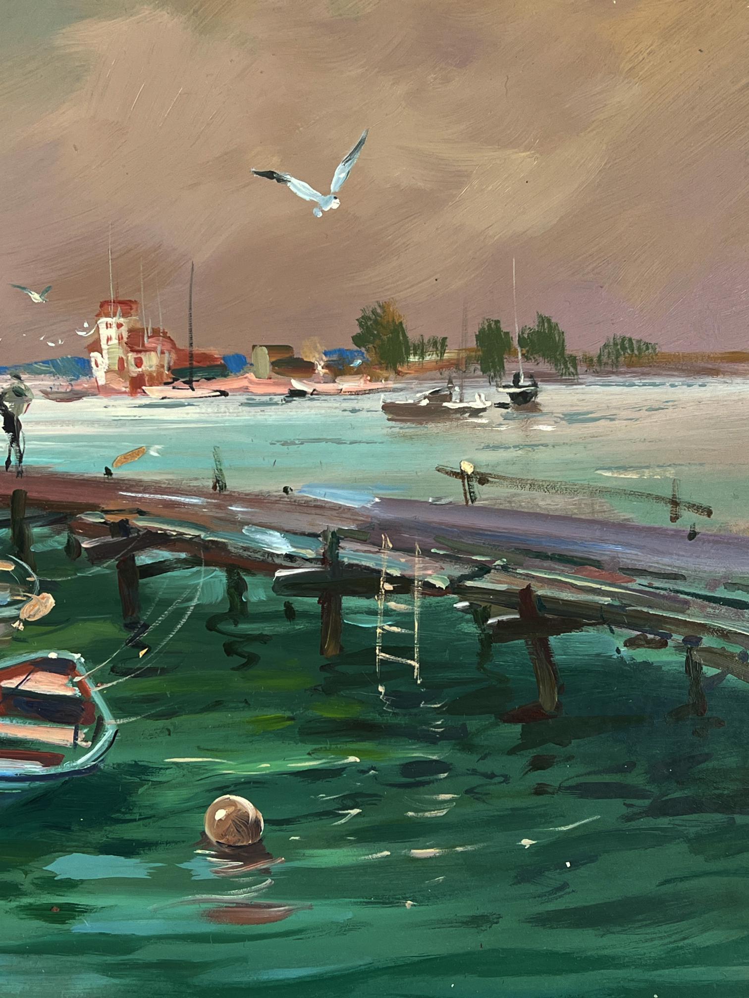 Oil painting of seagulls flying over weathered pier in turquoise water by Yuriy Suprunchuk