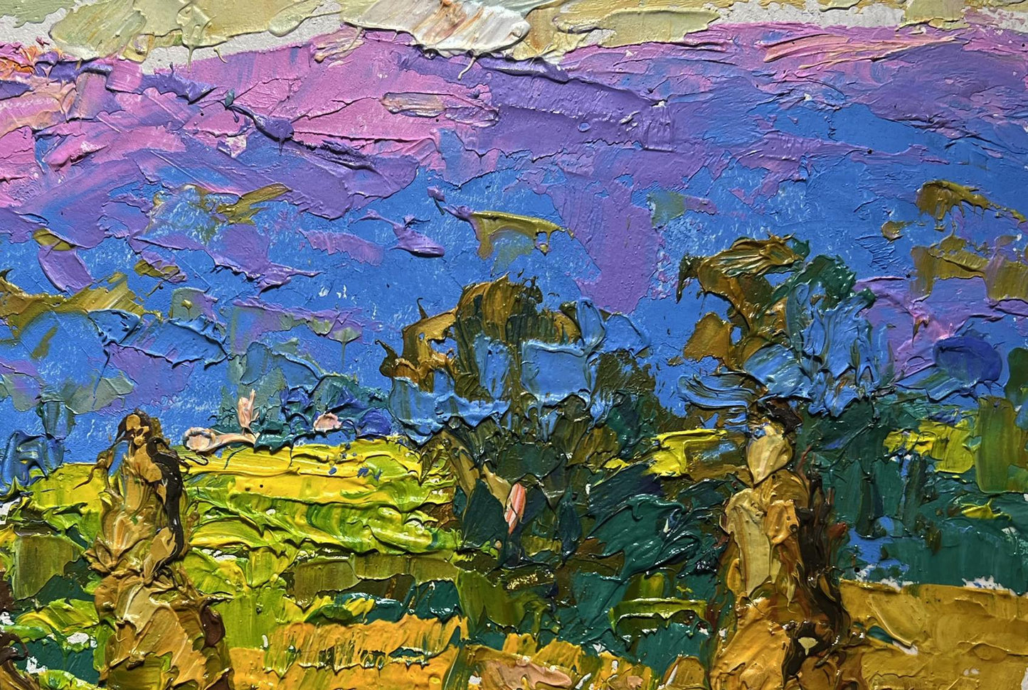 Vibrant impressionist oil painting of haystack and mountains by Oleksiy Ivanyuk