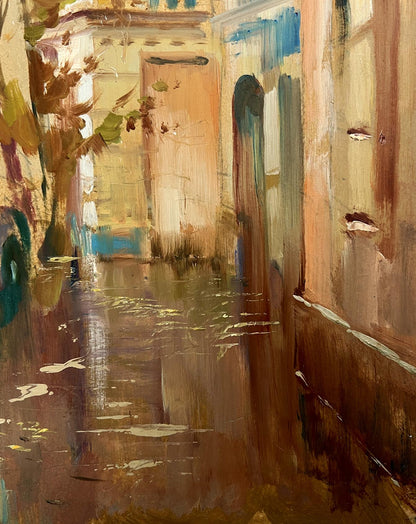 Oil painting Autumn in the Old Quarter by Yuriy Suprunchuk, textured alleyway