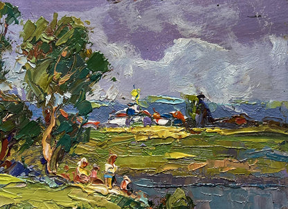 Vibrant impressionist oil painting by Oleksiy Ivanyuk: lush green tree, purple sky
