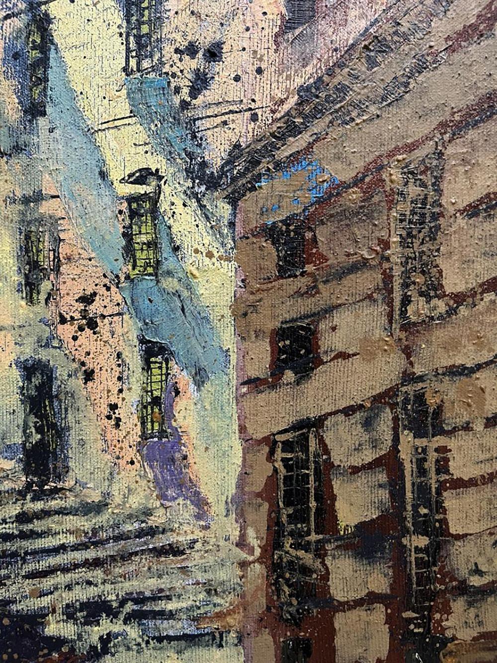 Textured oil painting Some street by Serhiy Kovalev: earthy alleyway with blue splashes