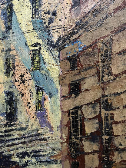 Textured oil painting Some street by Serhiy Kovalev: earthy alleyway with blue splashes