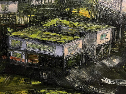 Oil painting of weathered stilt house by Serhiy Kovalev