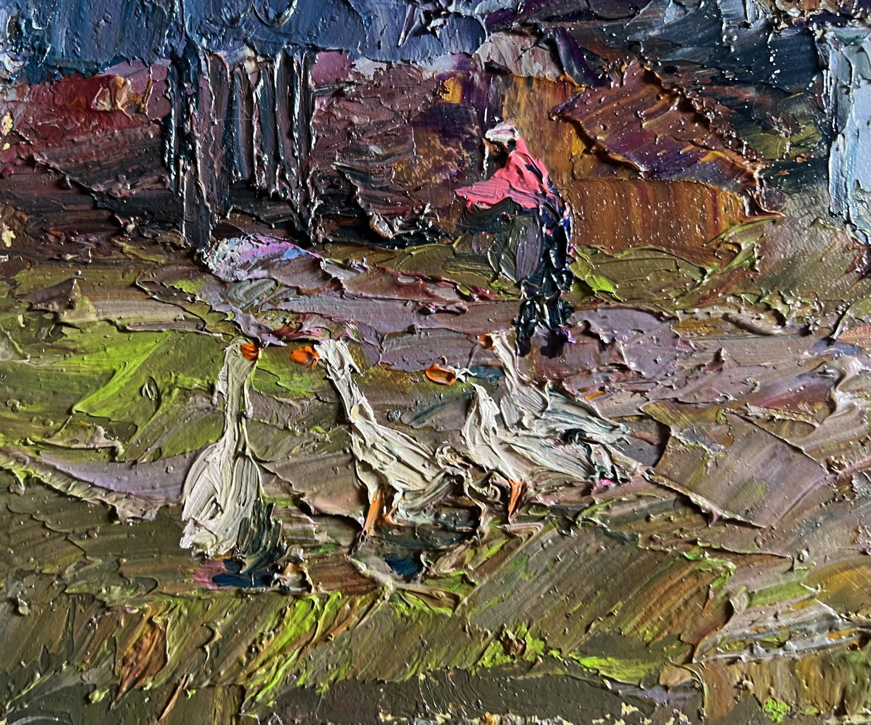 Oil painting Geese in the Yard by Boris Serdyuk, textured impasto figure and geese