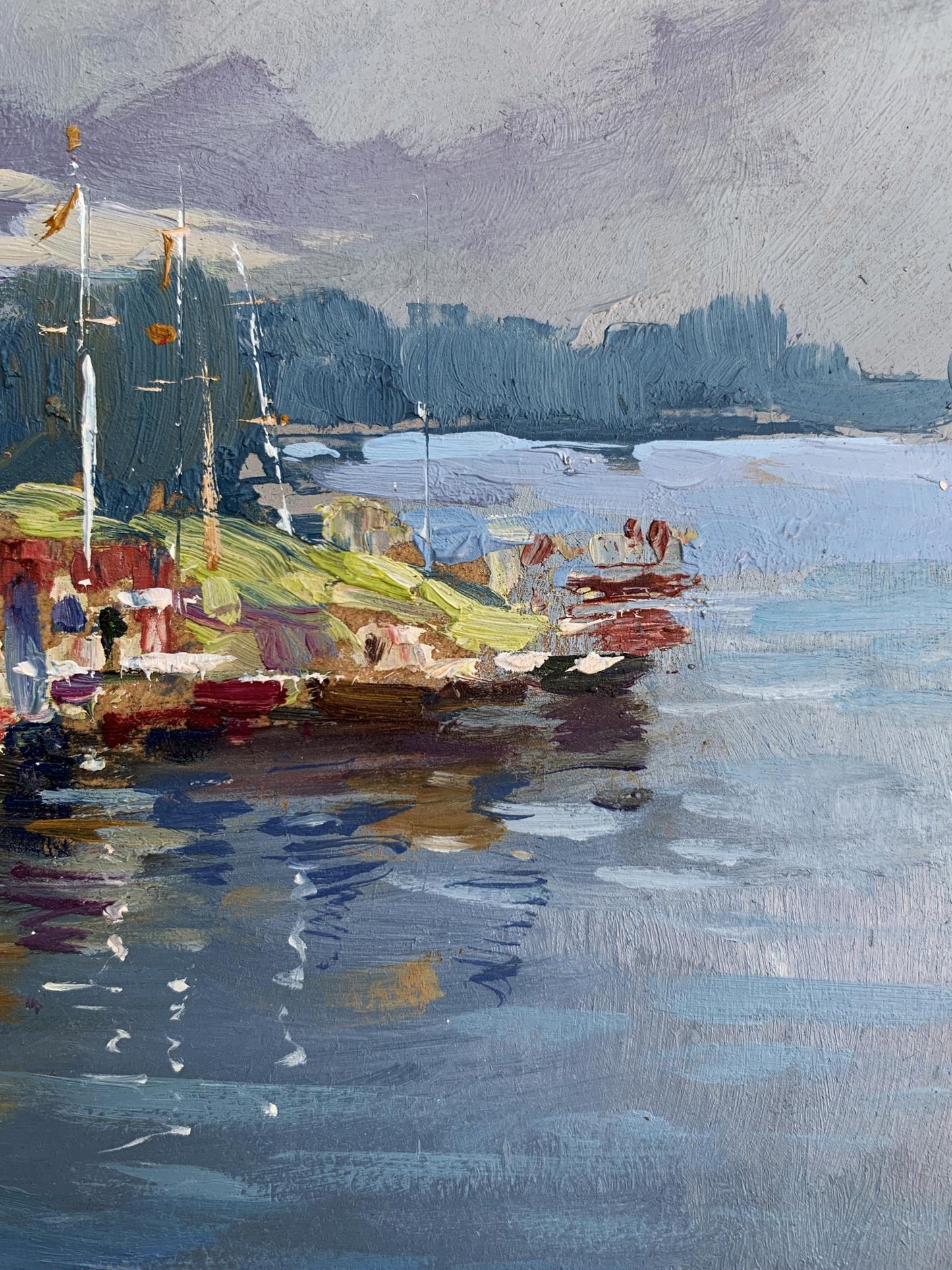 Textured impressionist oil painting of boats in Yuriy Suprunchuk harbor