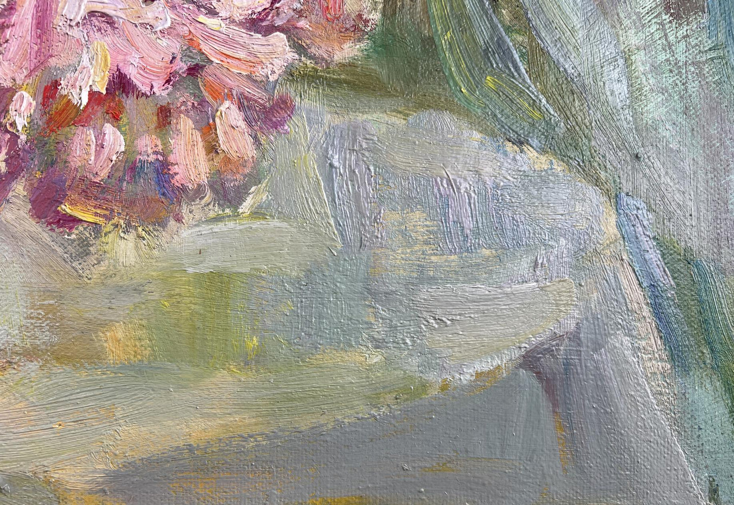 Vibrant pink purple hydrangeas in Silent fragrance oil painting by Ivan Kovalenko