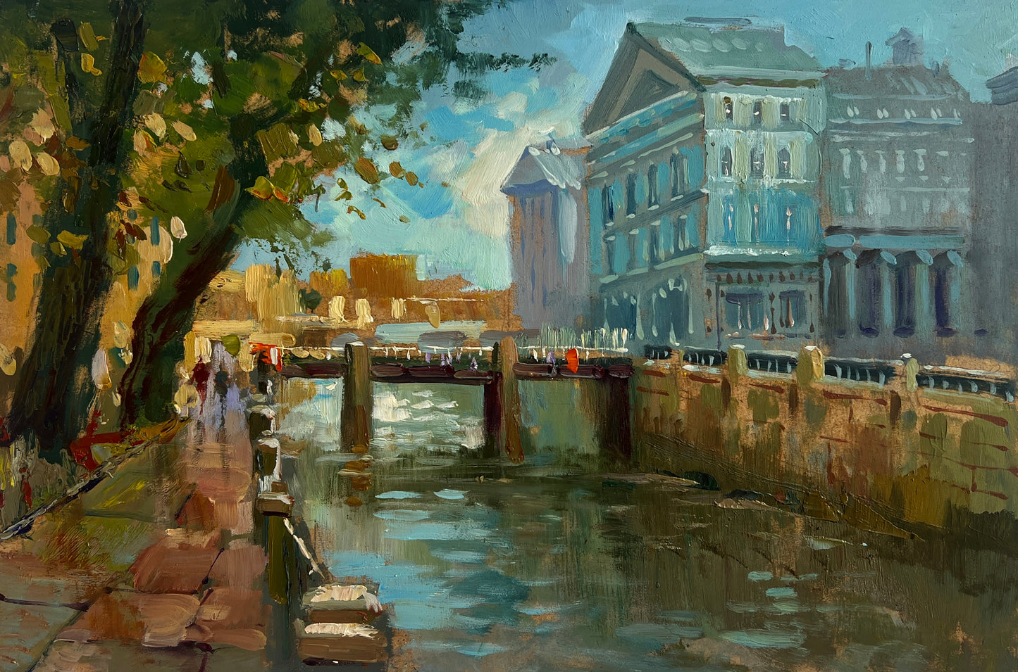 Serene impressionist canal with stone bridge by Yuriy Suprunchuk fine art