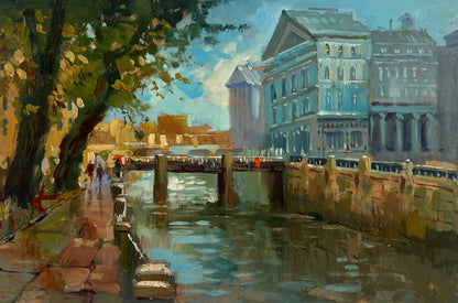 Serene impressionist canal with stone bridge by Yuriy Suprunchuk fine art