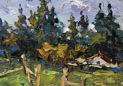 Vibrant impressionist oil painting of house near forest by Oksana Ivanyuk