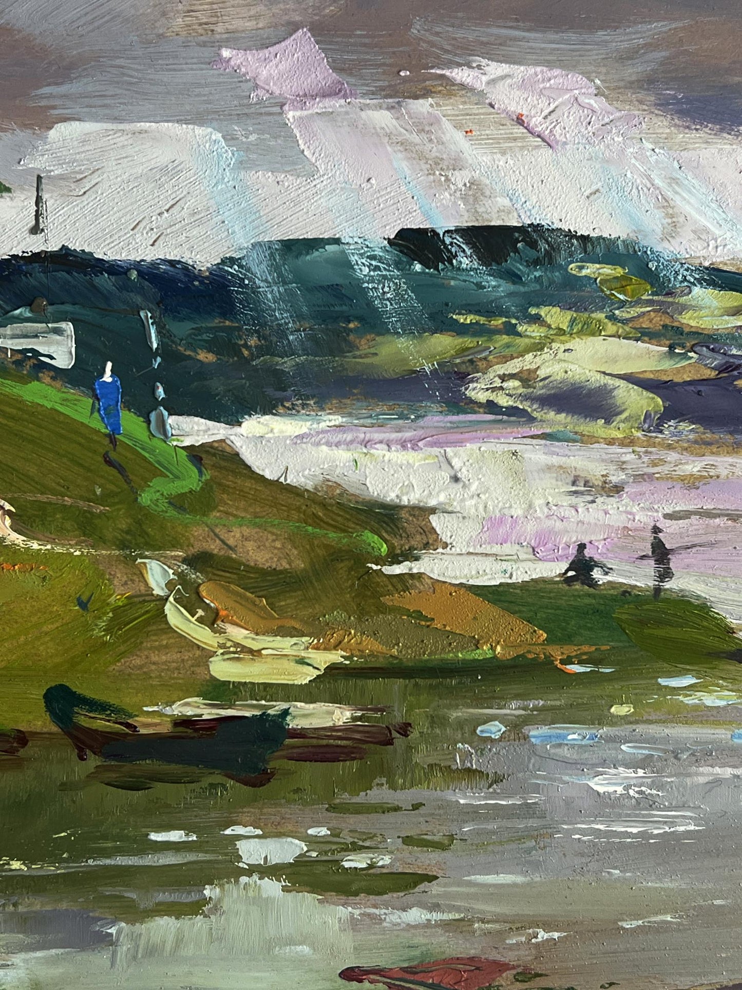 Abstract impasto oil painting of river near village by Yuriy Suprunchuk