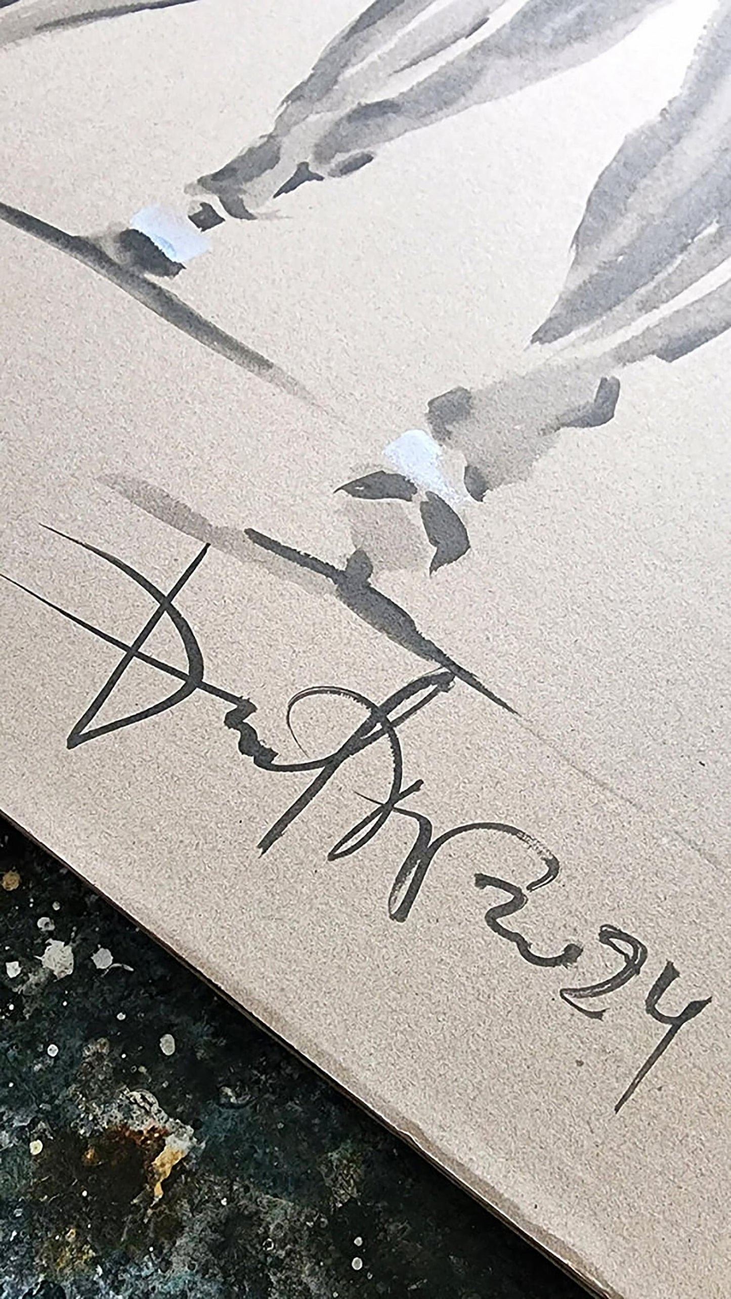 Watercolor abstract gray black painting by Dima Filatov on beige paper