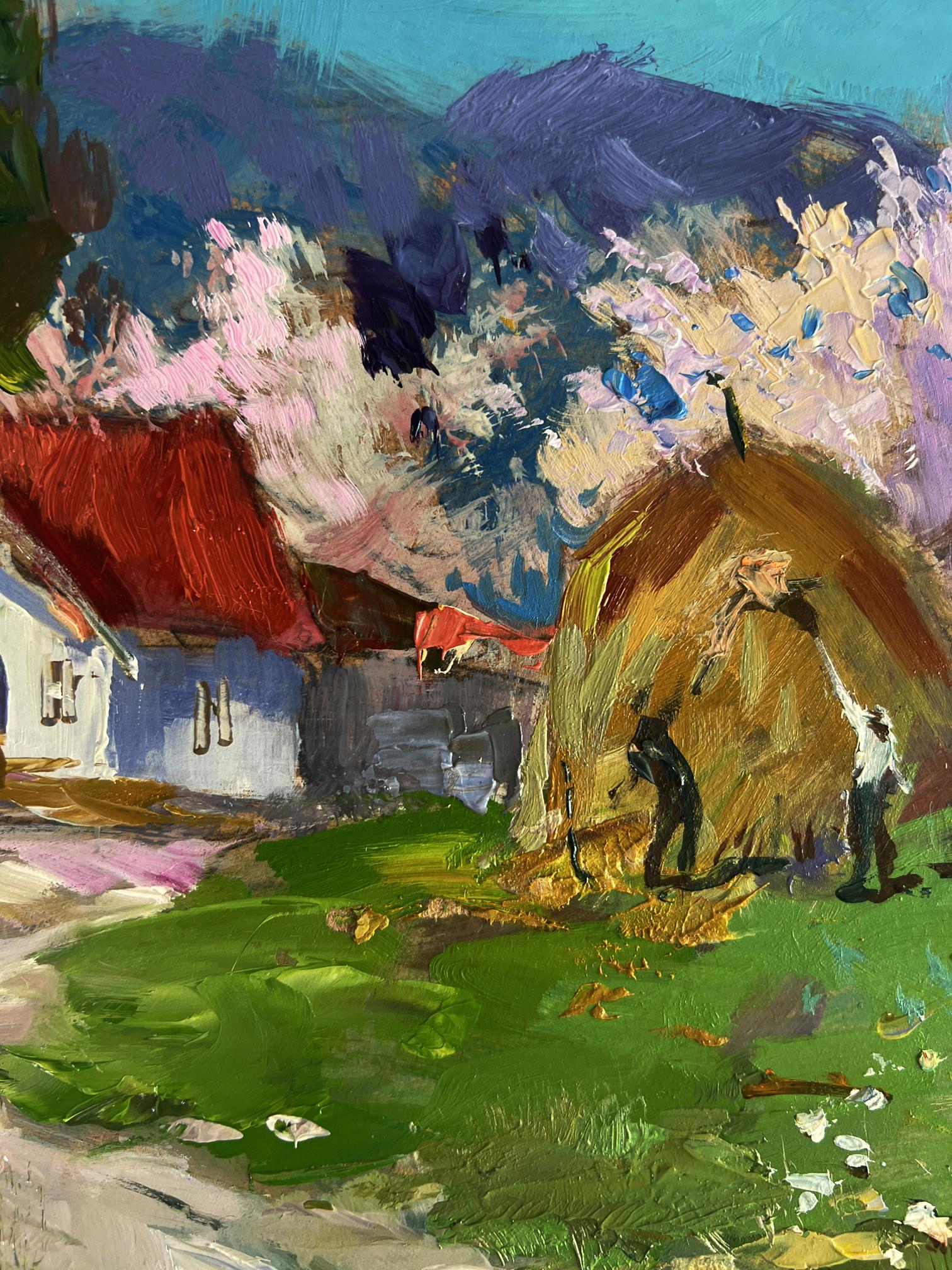 Vibrant impressionistic oil painting by Yuriy Suprunchuk of rural workers with golden hay bale