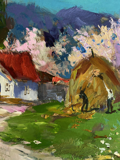 Vibrant impressionistic oil painting by Yuriy Suprunchuk of rural workers with golden hay bale