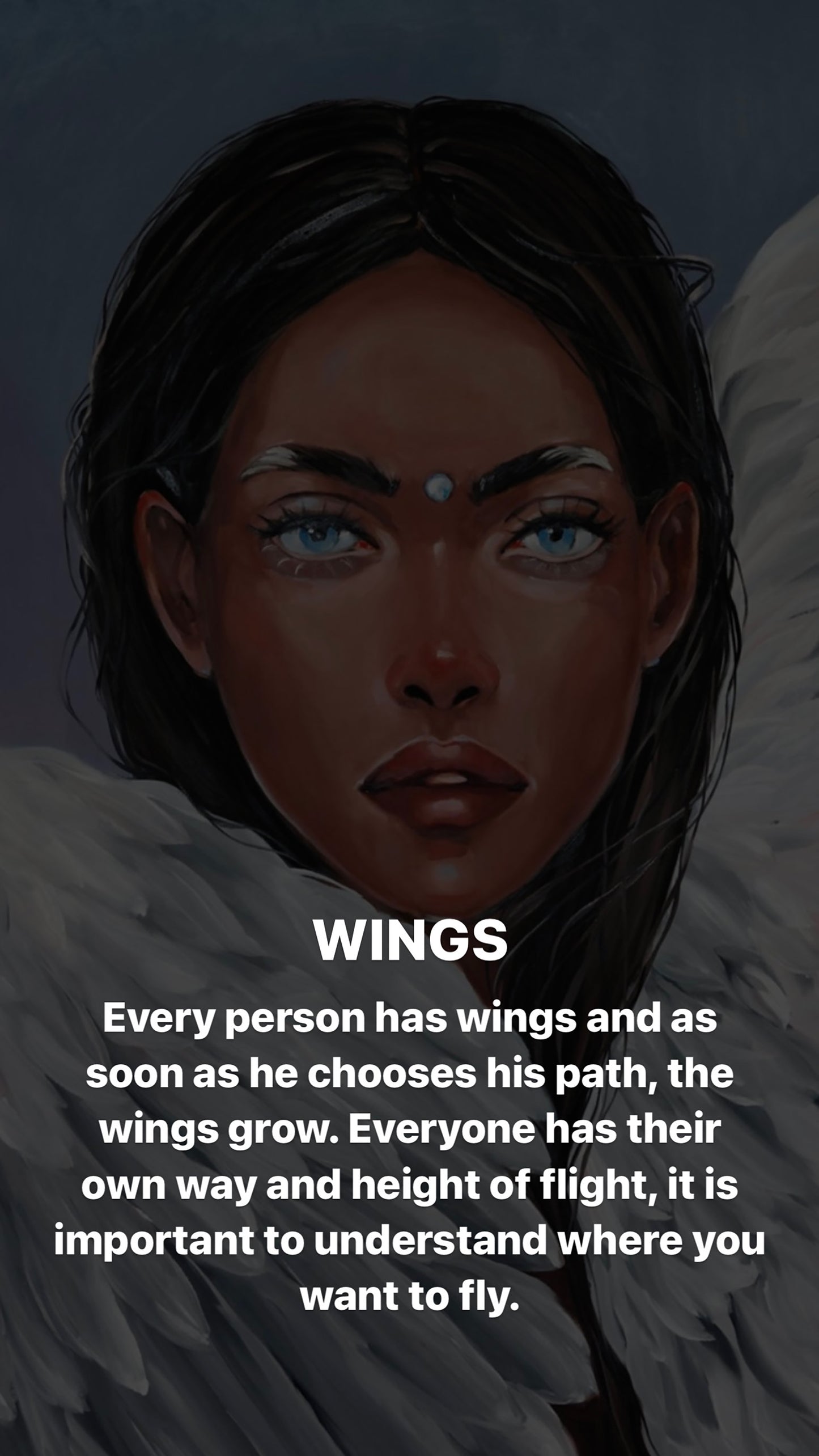 Oil painting Wings by Victoria Kagalovska: dark-haired woman with blue eyes and white wings