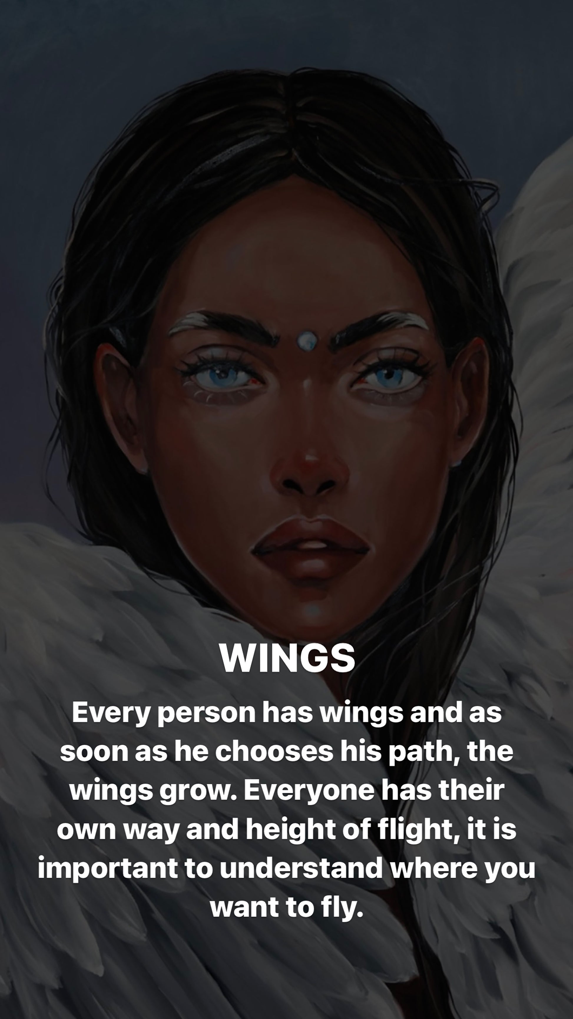 Oil painting Wings by Victoria Kagalovska: dark-haired woman with blue eyes and white wings