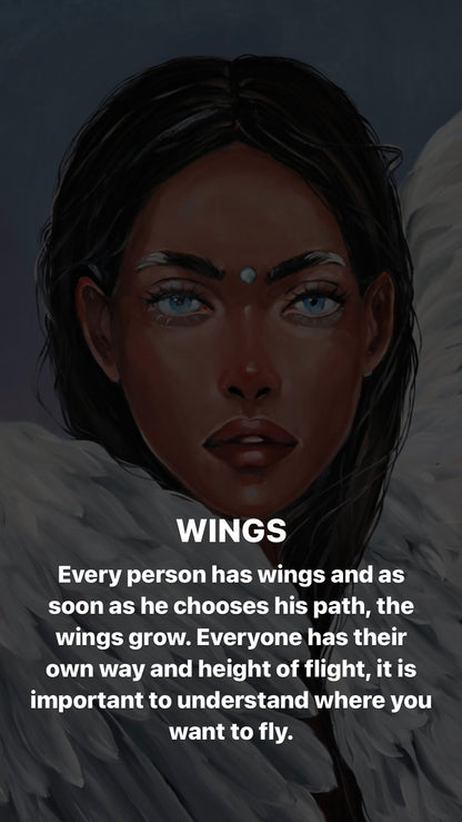 Oil painting Wings by Victoria Kagalovska: dark-haired woman with blue eyes and white wings
