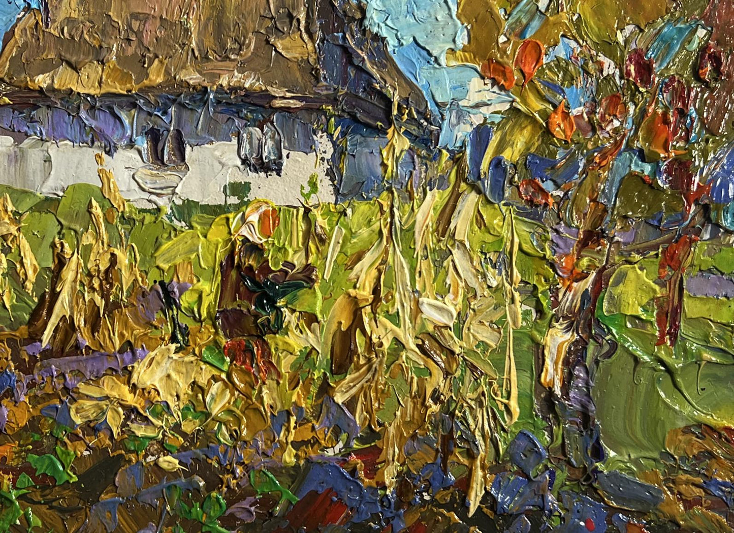 Oil painting Autumn gardening time by Oleksiy Ivanyuk cottage scene