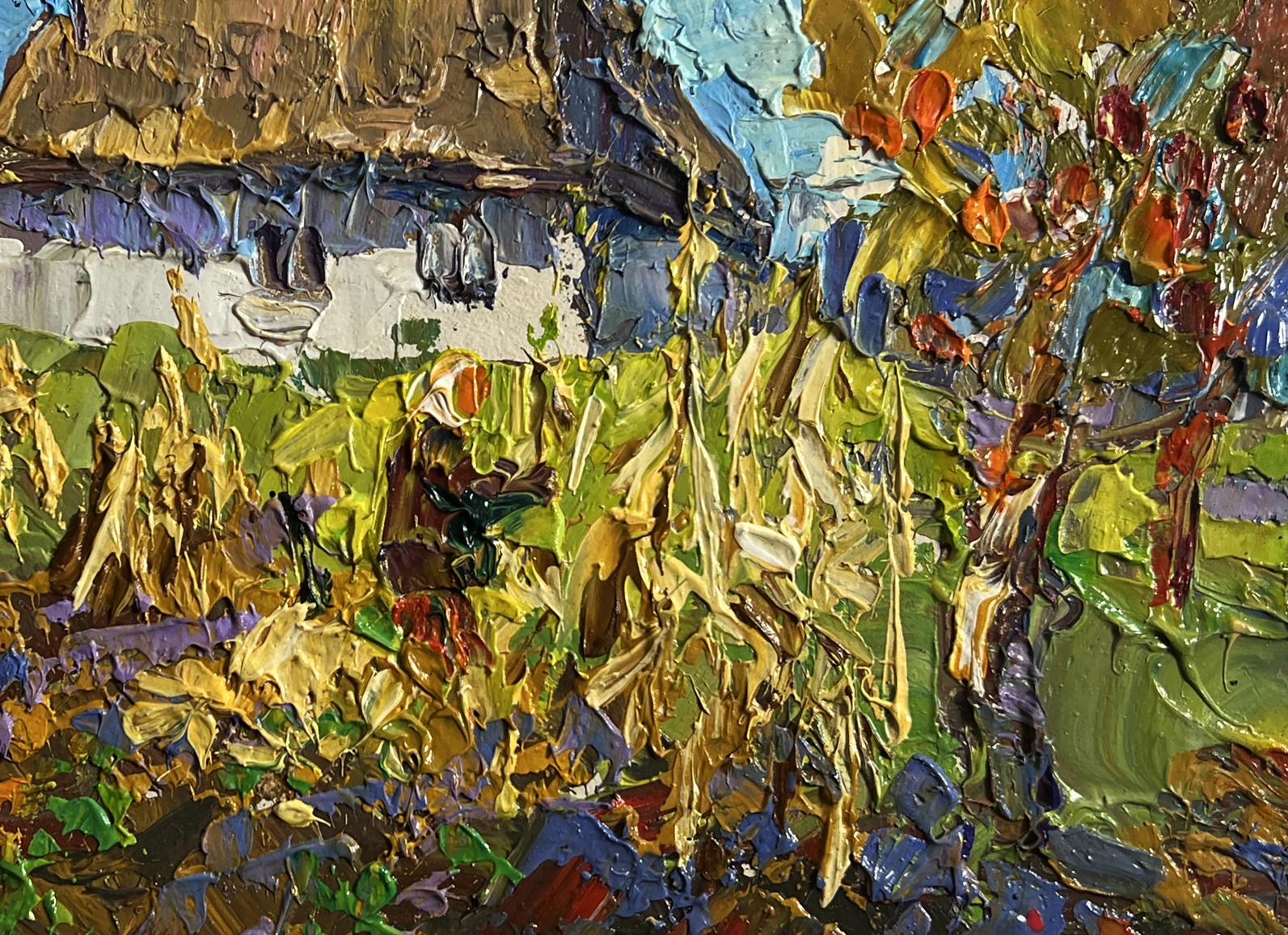 Oil painting Autumn gardening time by Oleksiy Ivanyuk cottage scene