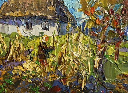 Oil painting Autumn gardening time by Oleksiy Ivanyuk cottage scene