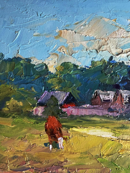 Oil painting by Boris Serdyuk: red cow grazing in green field under blue sky