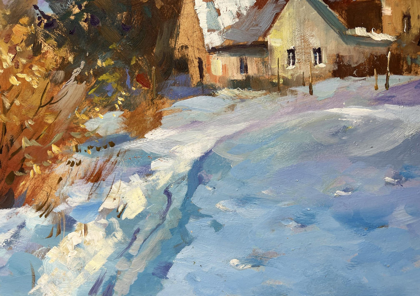 Oil painting of winter snowdrifts near rustic house by Yuriy Suprunchuk