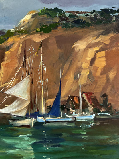 Vibrant oil painting Ships at the mountain by Yuriy Suprunchuk with sailboats near cliff