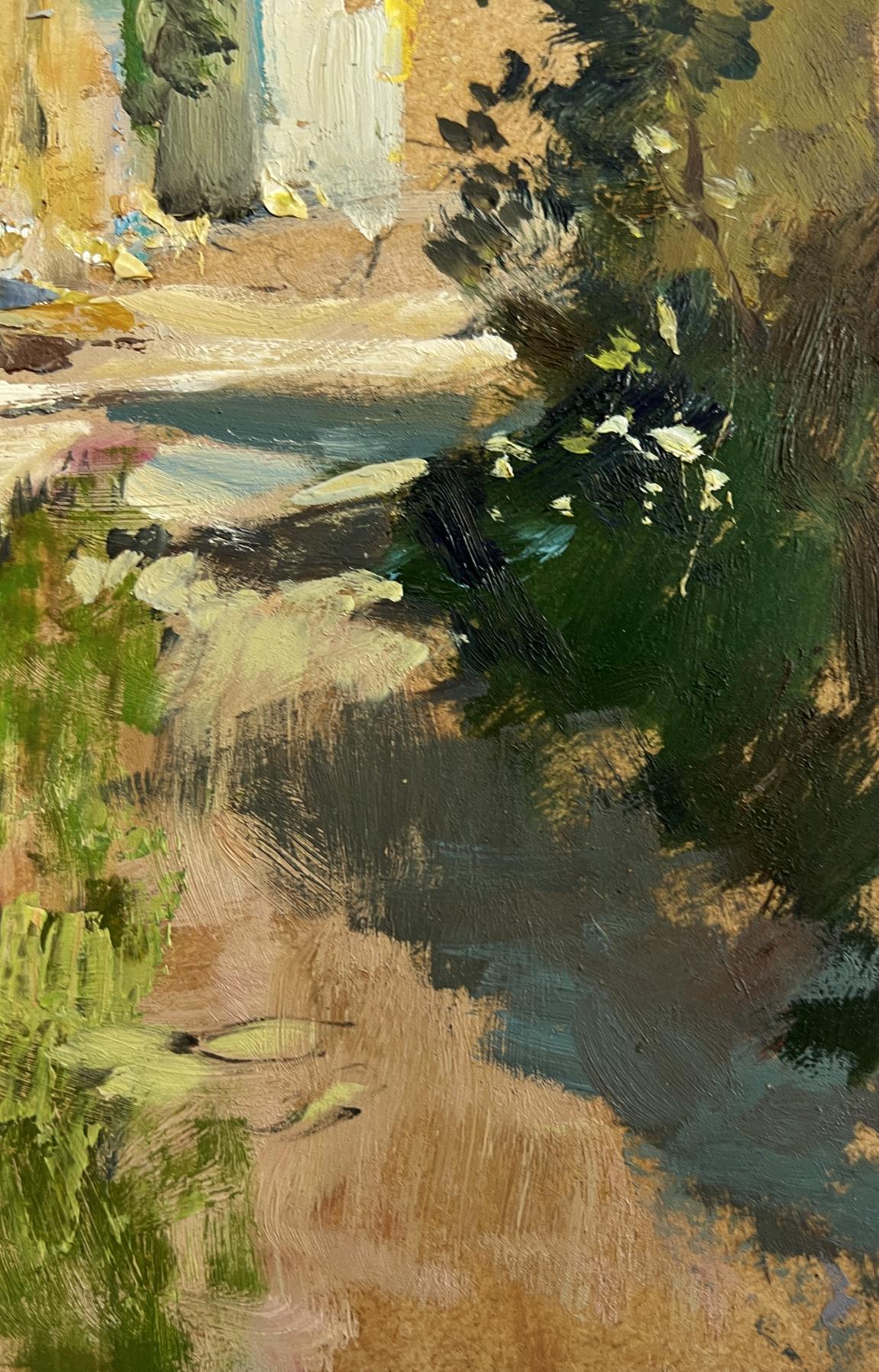 Textured oil painting of sunlit stream in city summer courtyard by Yuriy Suprunchuk