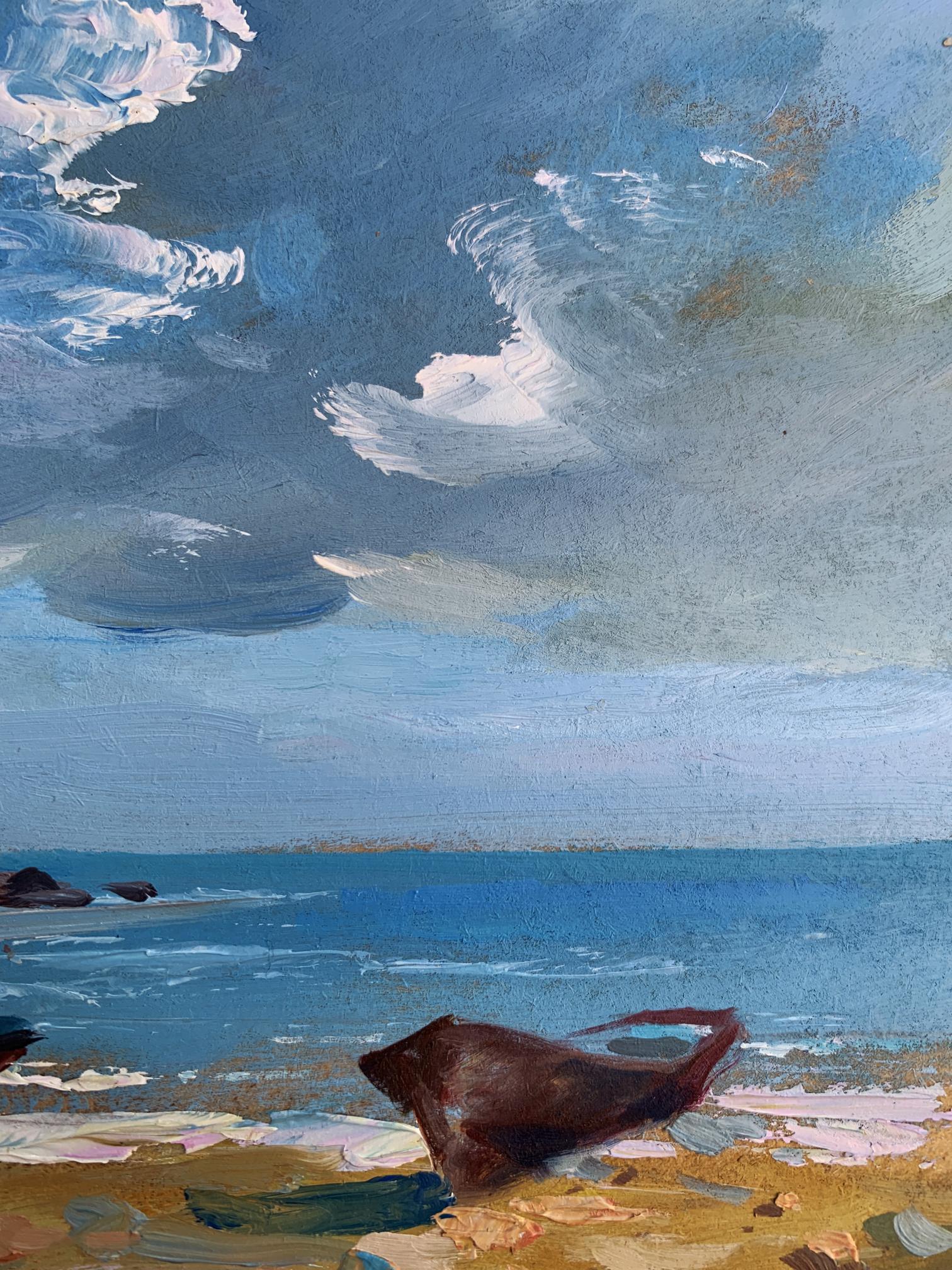 Dark brown textured oil painting of weathered island boat in sea by Yuriy Suprunchuk