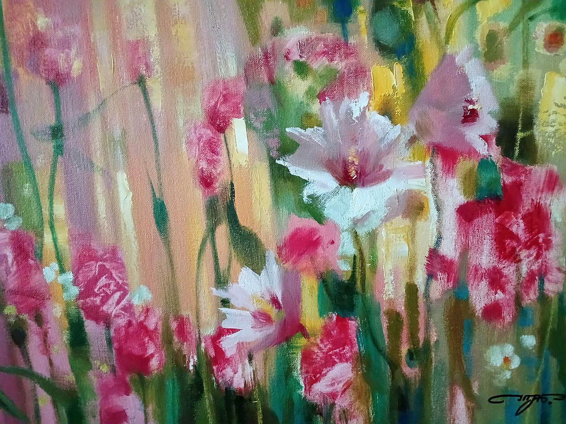Vibrant impressionist painting of pink white flowers by Anatoly Tarabanov