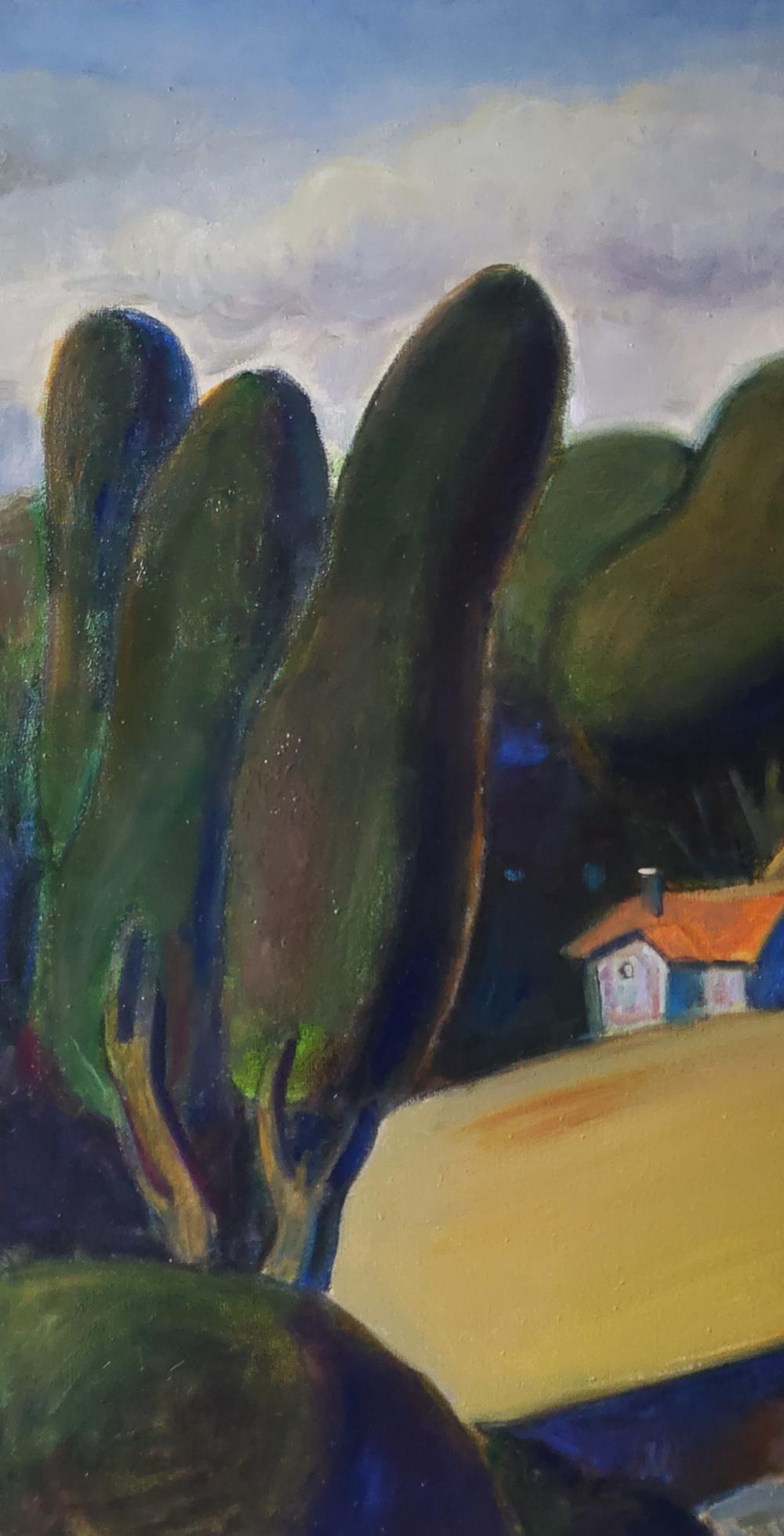 Oil painting by Faina Ukraine Daniil Litvinov: tall green trees, blue house, orange roof