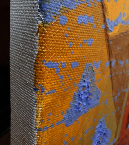Oil painting Boomerang watchers by Sergiy Voichenko with orange blue splatters
