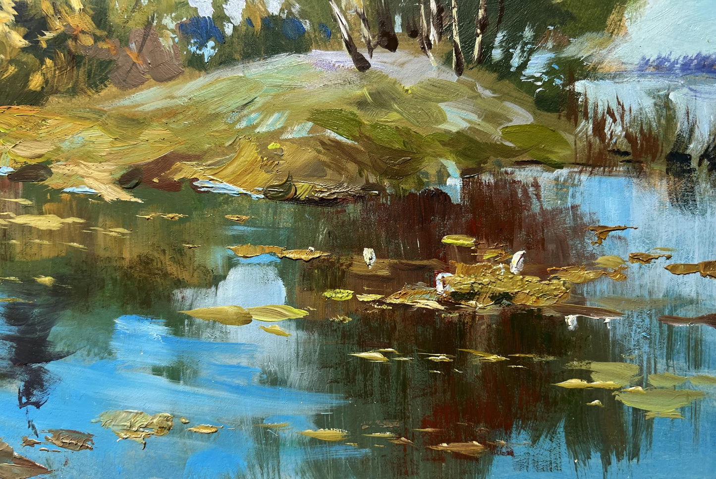 Oil painting The river washes the forest by Yuriy Suprunchuk tranquil pond scene