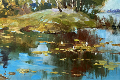 Oil painting The river washes the forest by Yuriy Suprunchuk tranquil pond scene