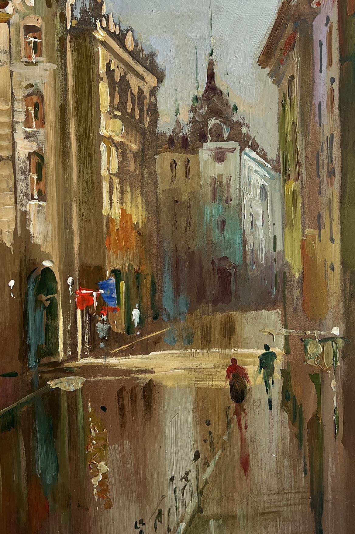 Vibrant impressionist oil painting by Yuriy Suprunchuk of rainy old town street