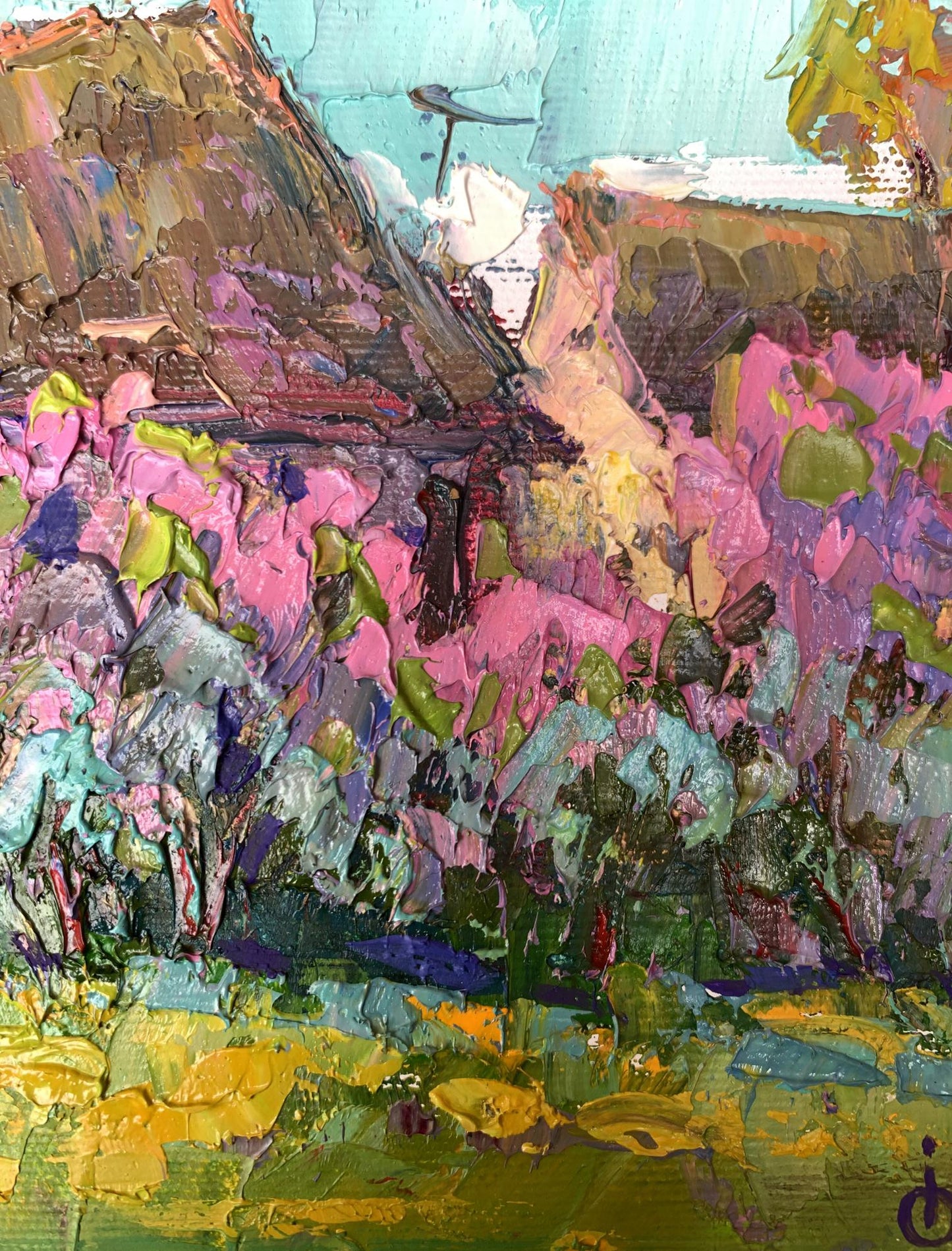 Vibrant Blooming Garden oil painting by Oksana Ivanyuk with textured flowers
