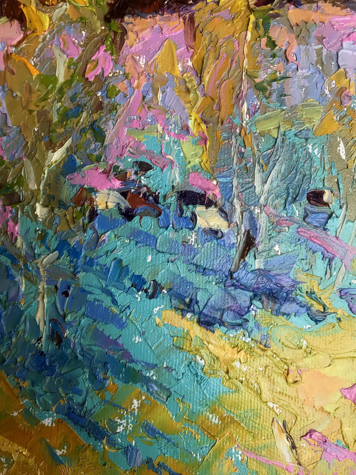 Oil painting Near young poplars by Oleksiy Ivanyuk in teal blue yellow pink purple