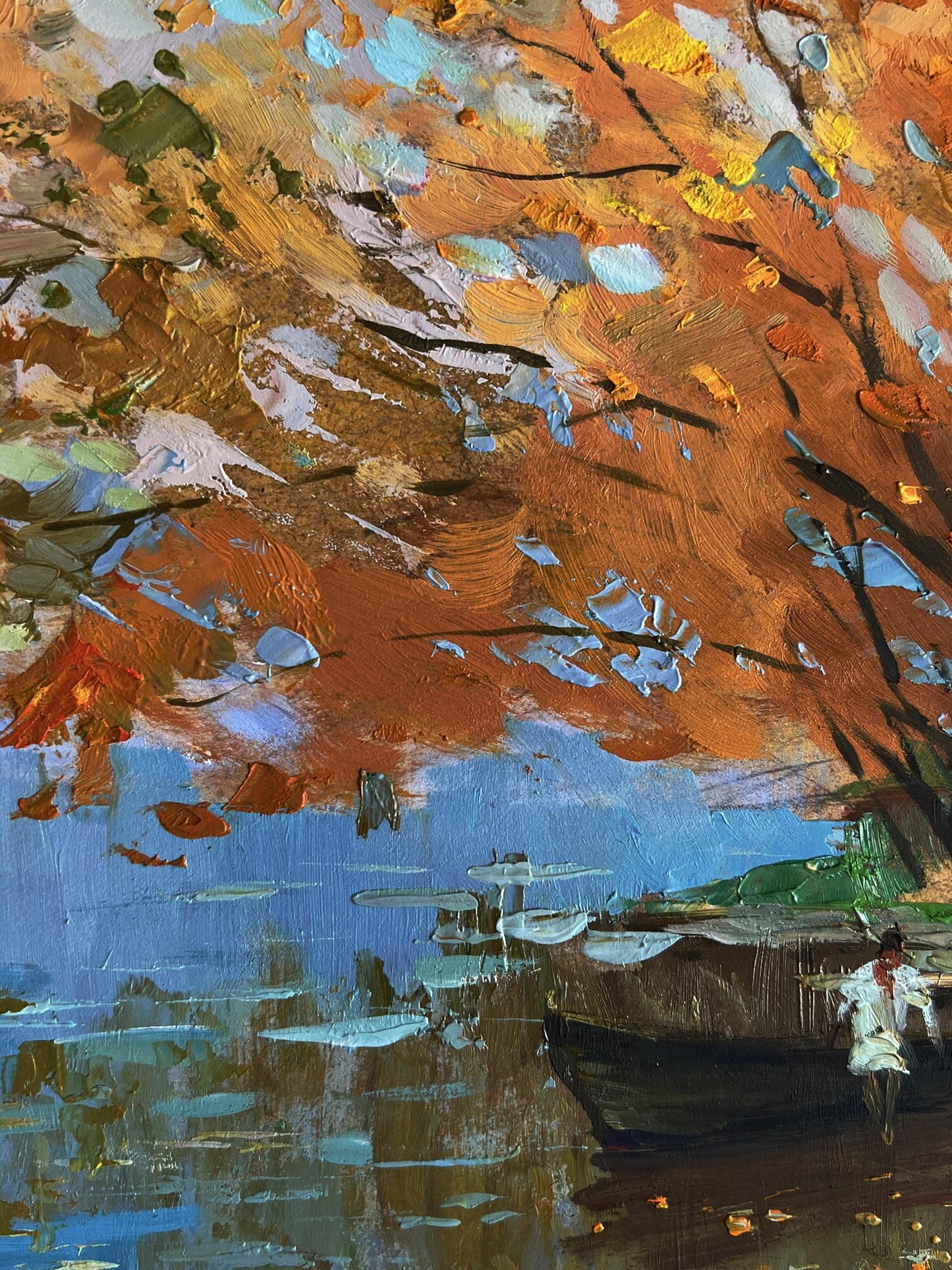 Vibrant impressionist oil painting On the autumn river by Yuriy Suprunchuk