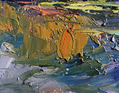 Oil painting Relaxation on the Lake by Boris Serdyuk with ochre teal impasto