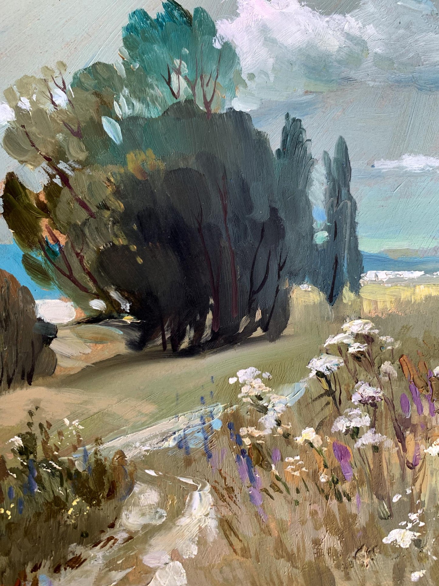 Textured oil painting of flower field path by Yuriy Suprunchuk
