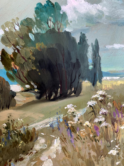 Textured oil painting of flower field path by Yuriy Suprunchuk