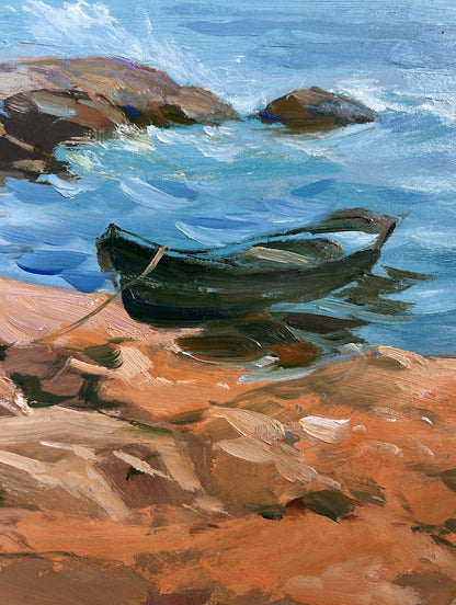 Oil painting of dark green rowboat on rocky shore by Yuriy Suprunchuk