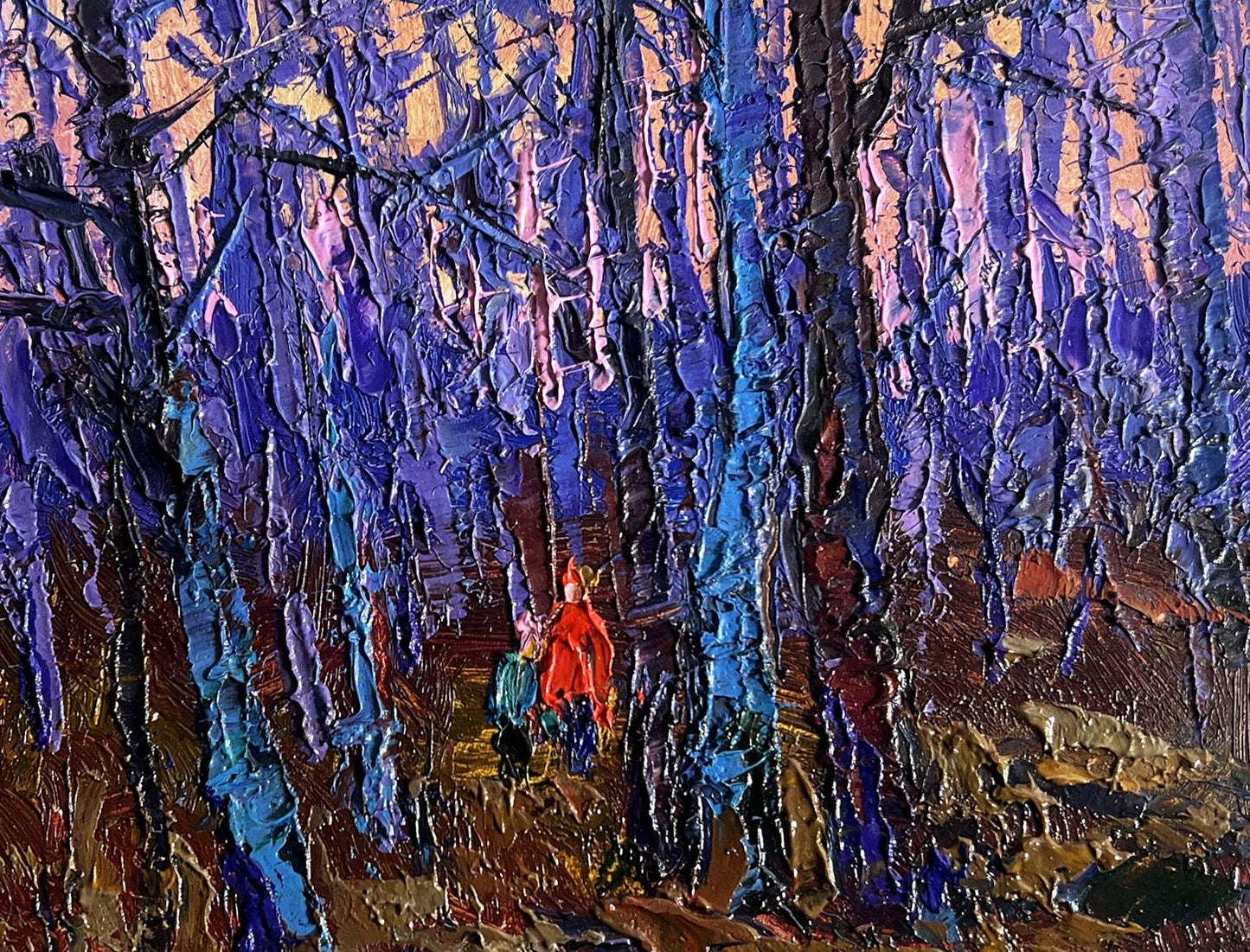 Oil painting of frosty forest by Oksana Ivanyuk with purple trees