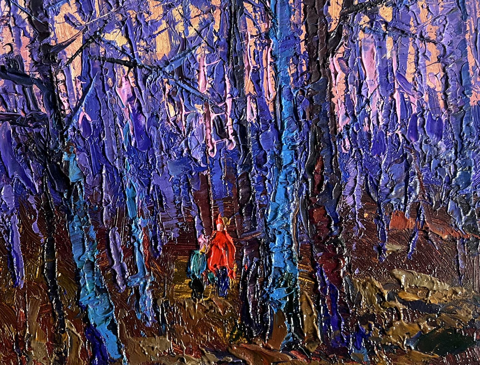 Oil painting of frosty forest by Oksana Ivanyuk with purple trees