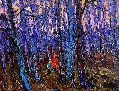 Oil painting of frosty forest by Oksana Ivanyuk with purple trees