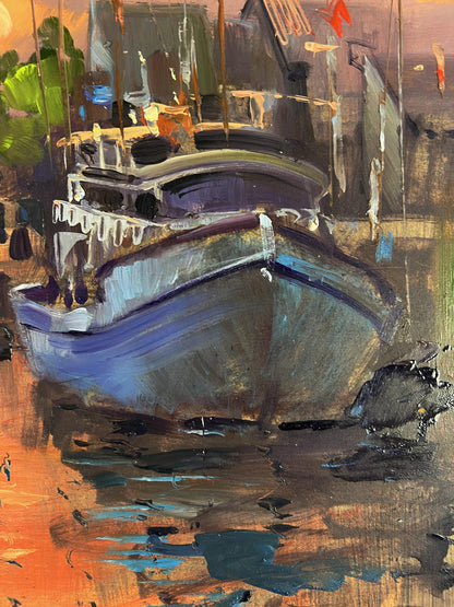 Oil painting of Ferry by Yuriy Suprunchuk: blue gray boat in romantic sunset harbor